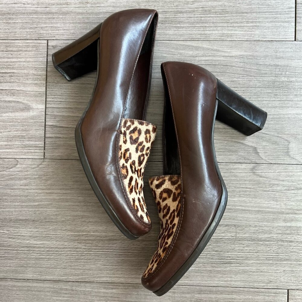 Vtg Franco Sarto Brown Leather Leopard Animal Print Calf Hair Pumps Size W7.5 - Picture 4 of 9